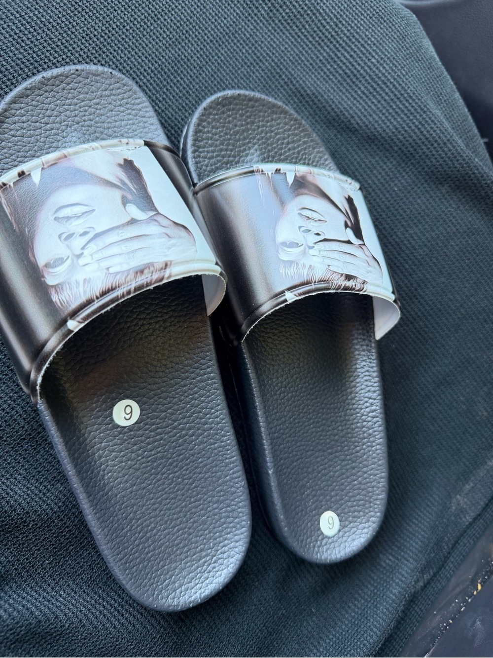 Men's Black Graphic Slide Sandals with Photographic Strap